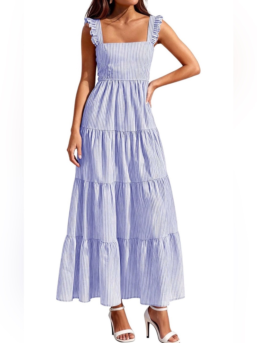 Blue and White Striped Sleeveless Tiered Midi Dress